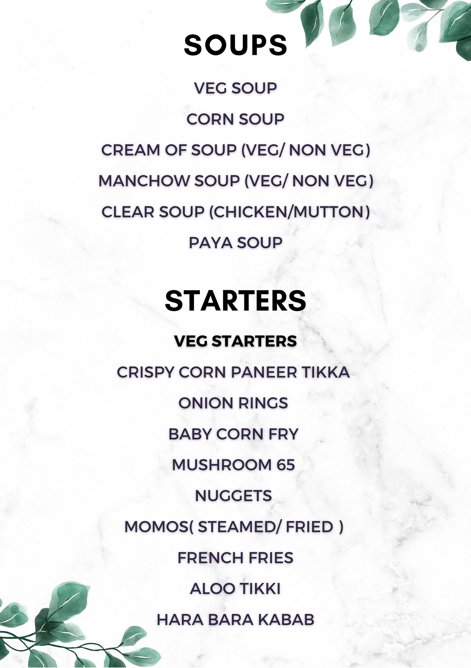 Soups and Starters menu